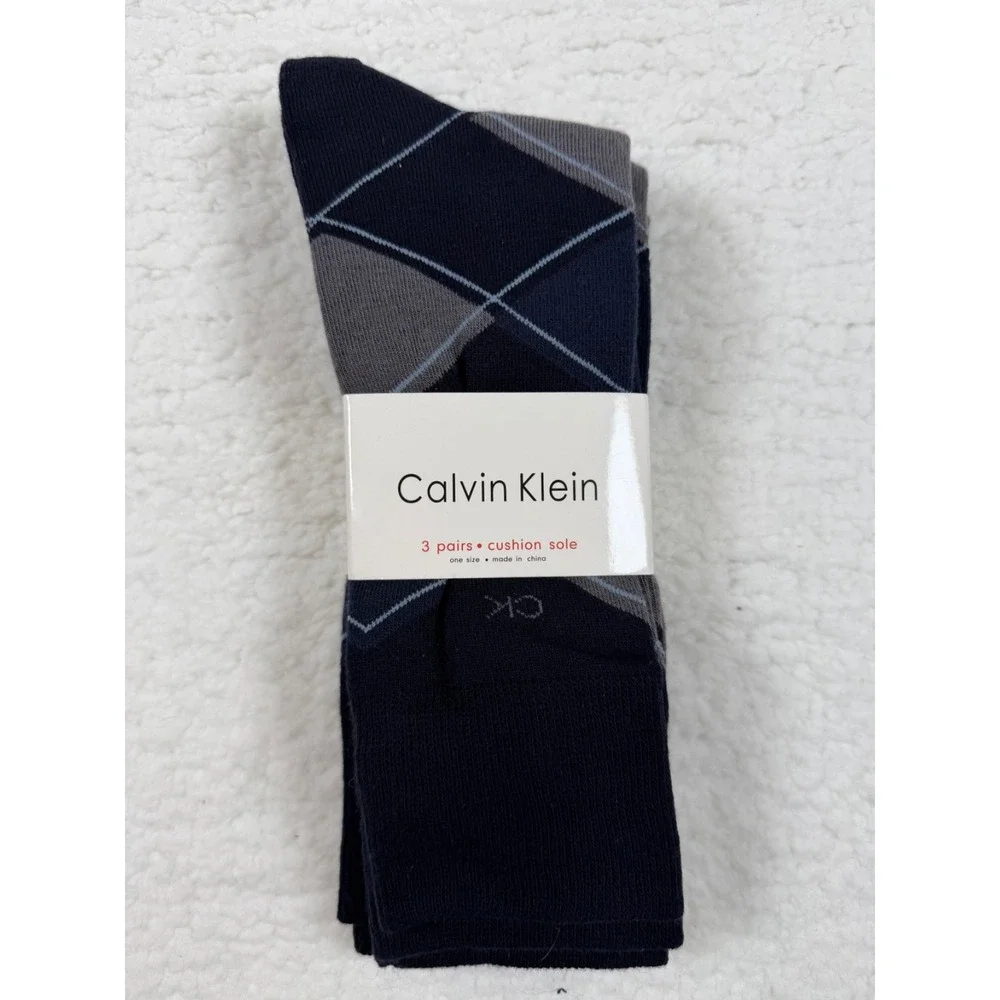 Calvin Klein Men's Argyle Crew Socks 3 Pack Navy Gray Cushion Sole US 7-12 NWT